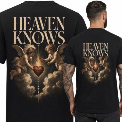 Koszulka męska „Heaven knows” z aniołkami i płonącym sercem - duży nadruk na plecach