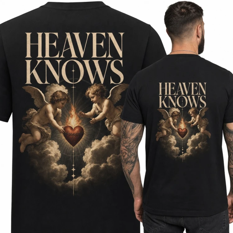Koszulka męska „Heaven knows” z aniołkami i płonącym sercem - duży nadruk na plecach