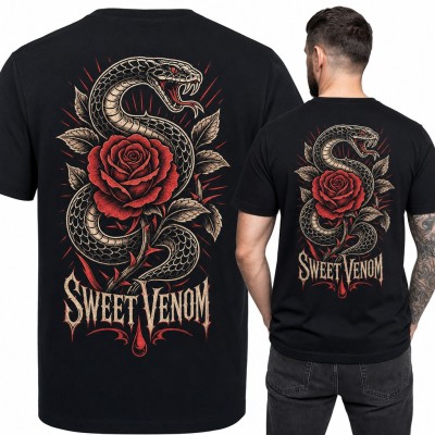 Koszulka męska „Sweet Venom” - wąż i róża w stylu old school tattoo - duży nadruk na plecach