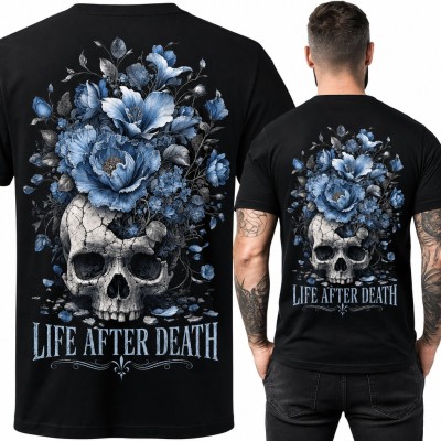 Koszulka męska z czaszką w niebieskich kwiatach „Life after death” - duży nadruk na plecach