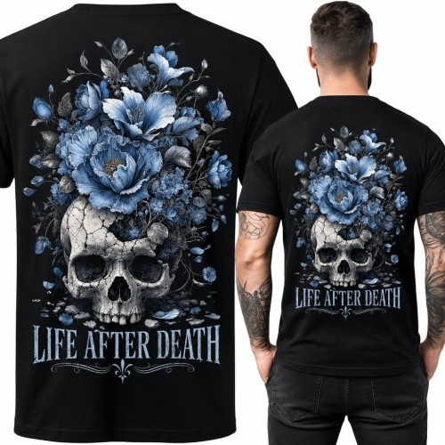 Koszulka męska z czaszką w niebieskich kwiatach „Life after death” - duży nadruk na plecach