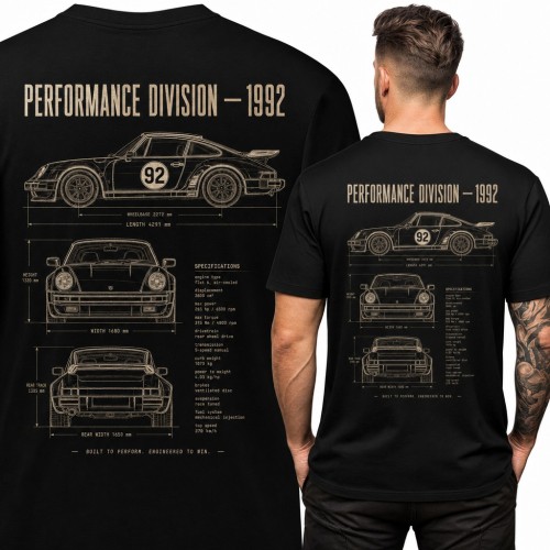 Koszulka męska z rysunkiem technicznym auta sportowego „Performance Division - 1992” - duży nadruk na plecach