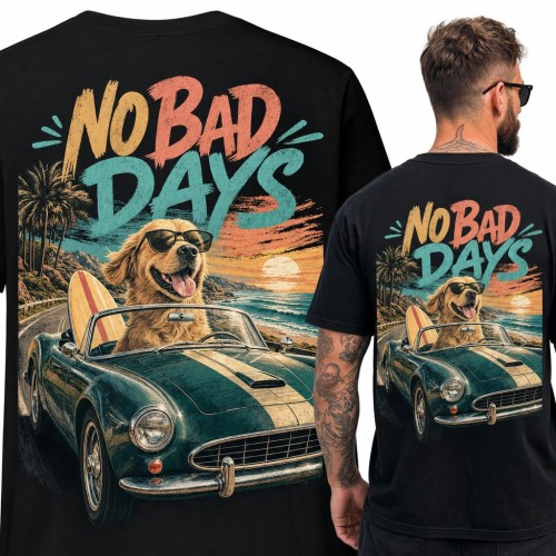 Koszulka męska „No bad days” - golden retriever w kabriolecie - duży nadruk na plecach