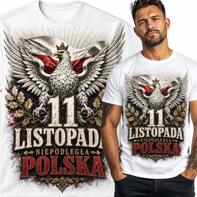 Koszulka męska „11 listopada niepodległa Polska” - orzeł w koronie na tle flagi