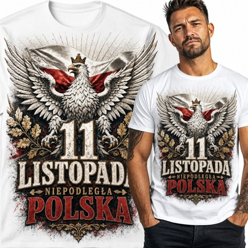 Koszulka męska „11 listopada niepodległa Polska” - orzeł w koronie na tle flagi