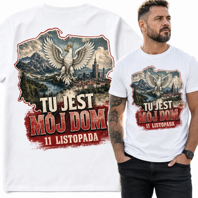 Koszulka męska „Tu jest mój dom” - orzeł z koroną na mapie Polski na 11 listopada