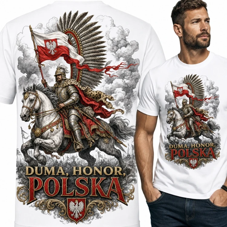 Koszulka męska husarz z flagą i orłem „Duma, honor, Polska”