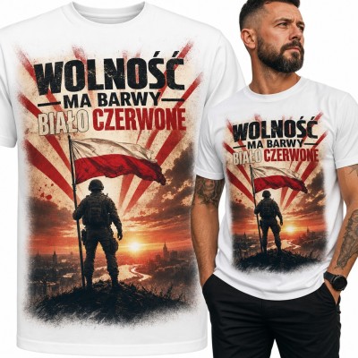 Koszulka męska „Wolność ma barwy biało czerwone” - żołnierz z flagą Polski