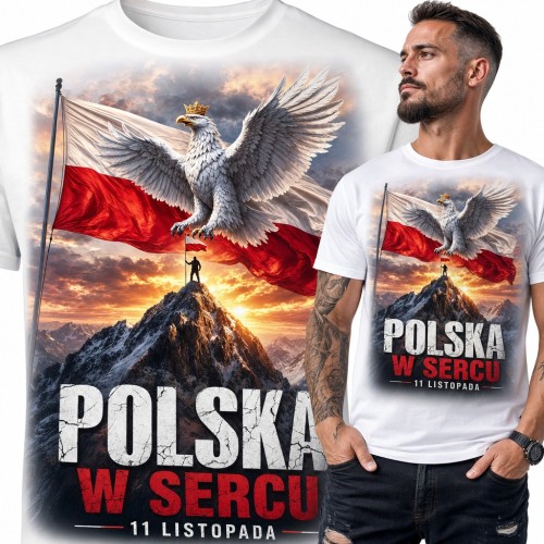 Koszulka męska „Polska w sercu” - biały orzeł nad górskim szczytem dla patrioty