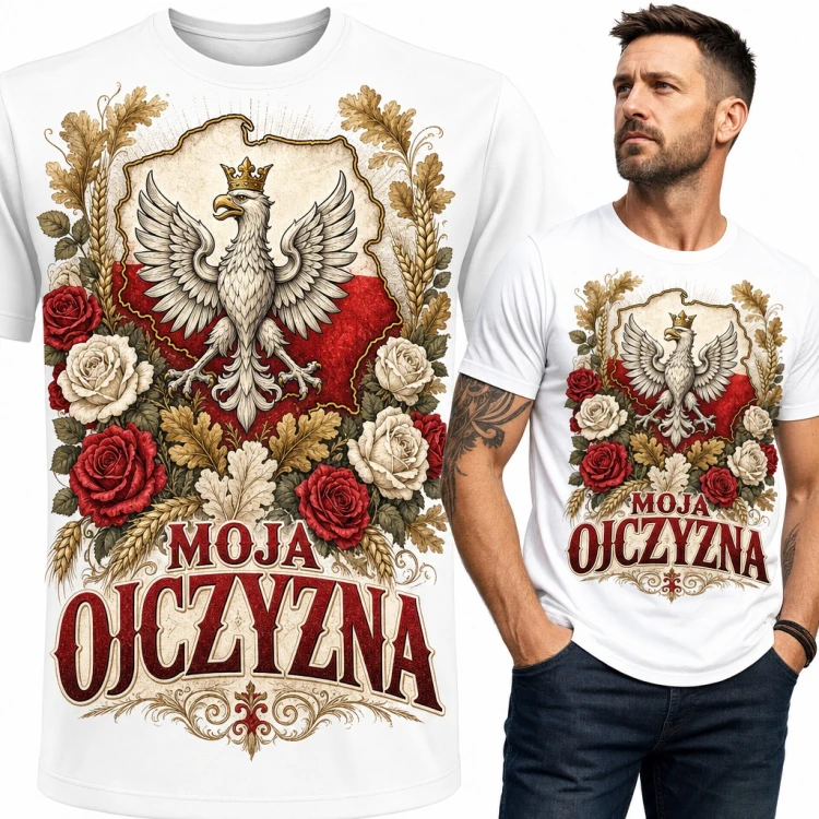 Koszulka męska patriotyczna „Moja ojczyzna” - orzeł w koronie na mapie Polski wśród róż