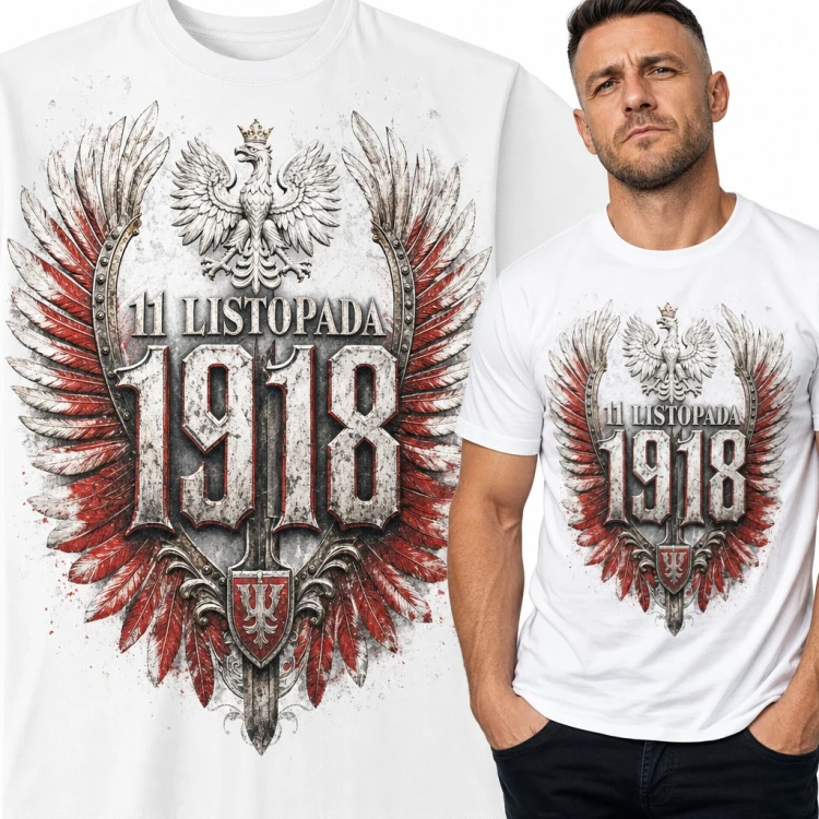 Koszulka męska „11 listopada 1918” - orzeł w koronie i husarskie skrzydła