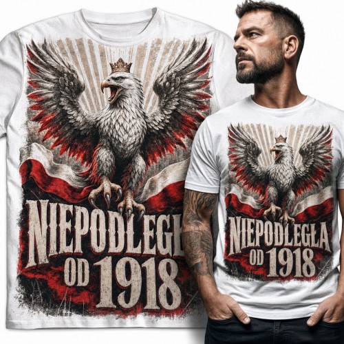 Koszulka męska „Niepodległa od 1918” - orzeł w koronie na biało-czerwonej fladze