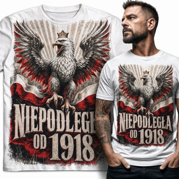 Koszulka męska „Niepodległa od 1918” - orzeł w koronie na biało-czerwonej fladze