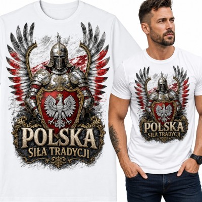 Koszulka męska husarz z orłem białym na tarczy „Polska siła tradycji”