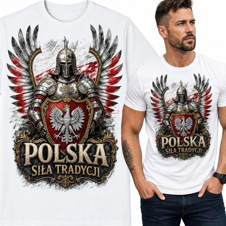 Koszulka męska husarz z orłem białym na tarczy „Polska siła tradycji”