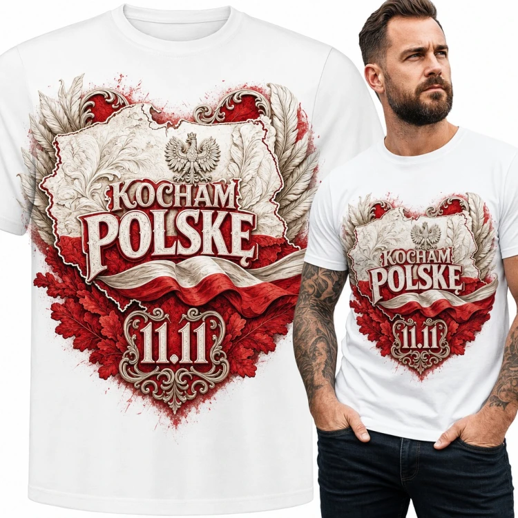 Koszulka męska „Kocham Polskę” - mapa z orłem, flagą i datą 11.11