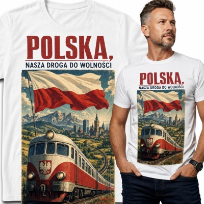 Koszulka męska „Polska, nasza droga do wolności” - retro pociąg z orłem i biało-czerwoną flagą