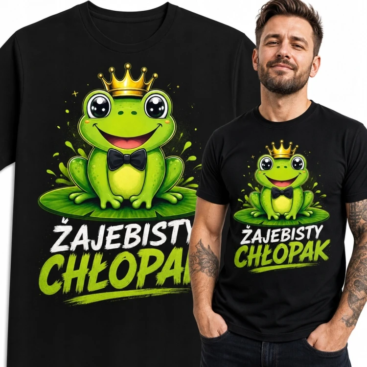 Koszulka męska z koronowaną żabą „Żajebisty chłopak” - śmieszny nadruk