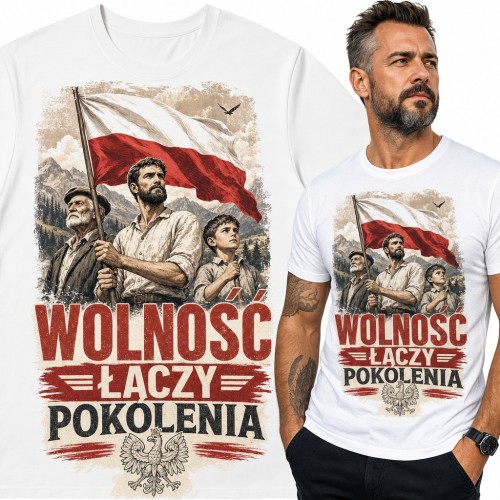 Koszulka męska „Wolność łączy pokolenia” - flaga Polski, orzeł i trzy pokolenia patriotów