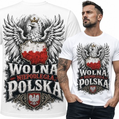 Koszulka męska patriotyczna „Wolna, niepodległa, Polska” - orzeł w koronie i mapa Polski