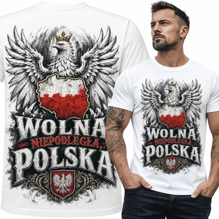 Koszulka męska patriotyczna „Wolna, niepodległa, Polska” - orzeł w koronie i mapa Polski