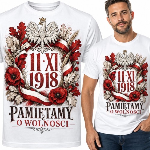 Koszulka męska „Pamiętamy o wolności” 11 listopada 1918 - orzeł w koronie i maki