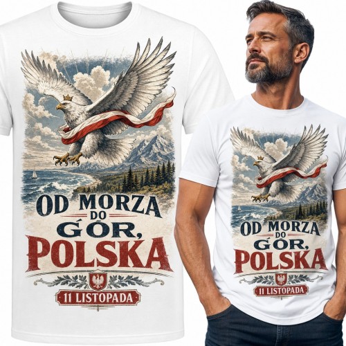 Koszulka męska „Od morza do gór, Polska” - patriotyczny orzeł z biało-czerwoną szarfą