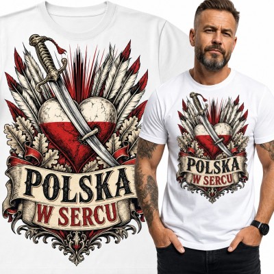 Koszulka męska „Polska w sercu” - serce w barwach narodowych z szablą i piórami husarii