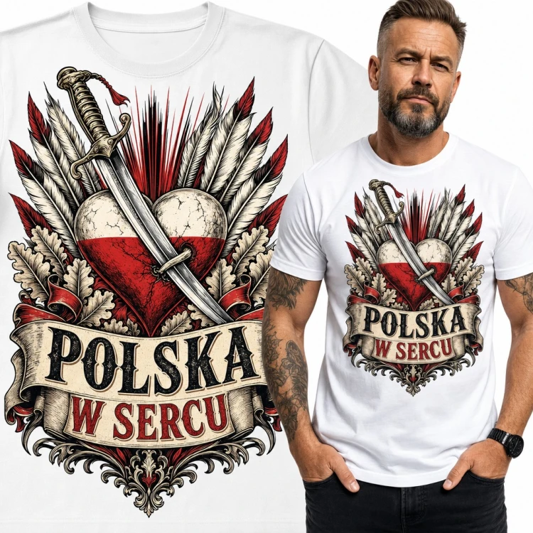 Koszulka męska „Polska w sercu” - serce w barwach narodowych z szablą i piórami husarii