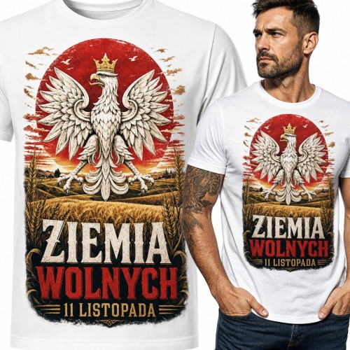 Koszulka męska patriotyczna „Ziemia wolnych 11 listopada” - orzeł w koronie nad polem zboża