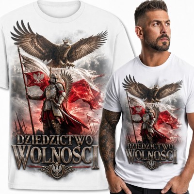 Koszulka męska husaria „Dziedzictwo wolności” - husarz z flagą i orłem w koronie