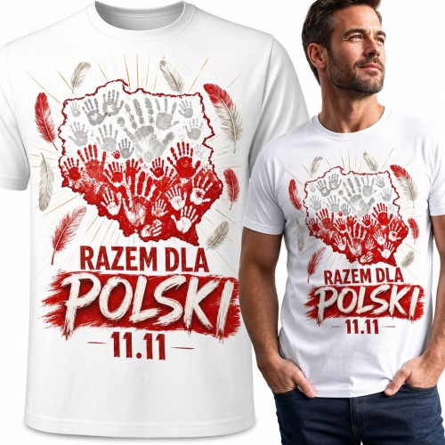 Koszulka męska „Razem dla Polski 11.11” - mapa z biało-czerwonych dłoni na Święto Niepodległości