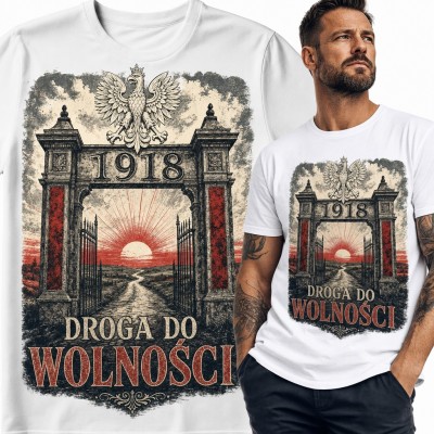 Koszulka męska „Droga do wolności” 1918 - brama z orłem białym i wschodem słońca
