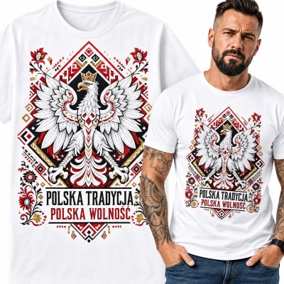 Koszulka męska z orłem w koronie i ludowym wzorem „Polska tradycja, polska wolność”
