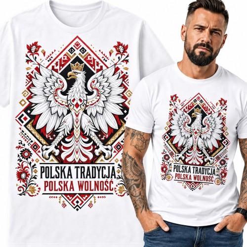 Koszulka męska z orłem w koronie i ludowym wzorem „Polska tradycja, polska wolność”
