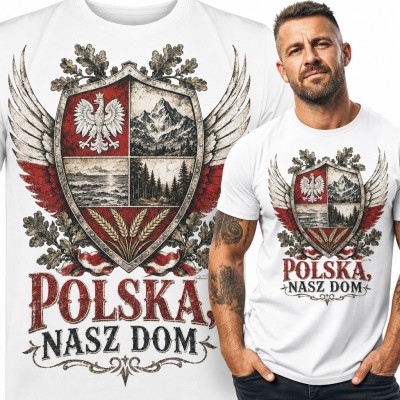 Koszulka męska patriotyczna „Polska, nasz dom” - herb z orłem i skrzydłami