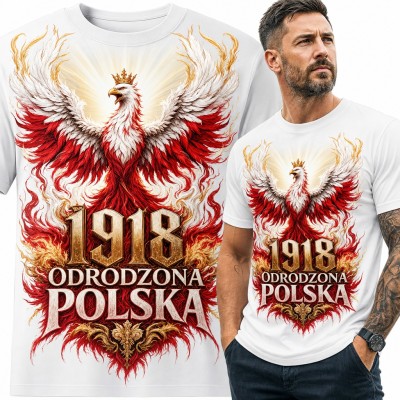 Koszulka męska „1918 Odrodzona Polska” - orzeł w koronie w biało-czerwonych piórach
