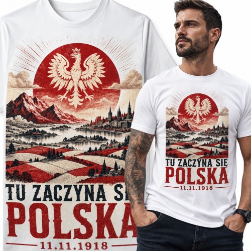 Koszulka męska „Tu zaczyna się Polska” - orzeł biały i data 11.11.1918