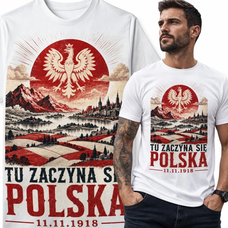 Koszulka męska „Tu zaczyna się Polska” - orzeł biały i data 11.11.1918