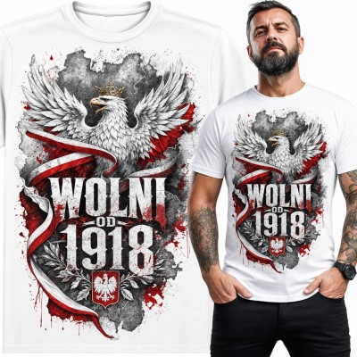 Koszulka męska „Wolni od 1918” - orzeł w koronie z biało-czerwoną wstęgą