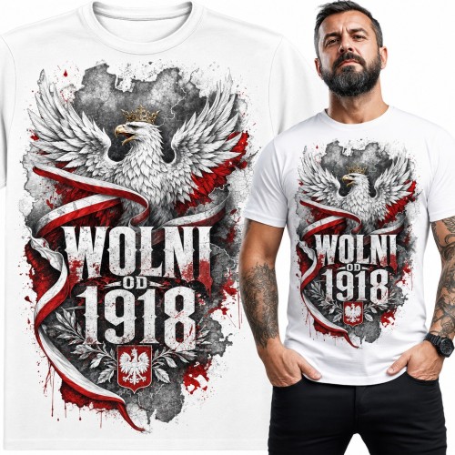 Koszulka męska „Wolni od 1918” - orzeł w koronie z biało-czerwoną wstęgą