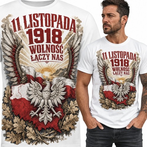 Koszulka męska „11 listopada 1918 wolność łączy nas” - orzeł na mapie Polski i husarskie skrzydła