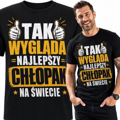 Koszulka męska z napisem „Tak wygląda najlepszy chłopak na świecie” - kciuki w górę