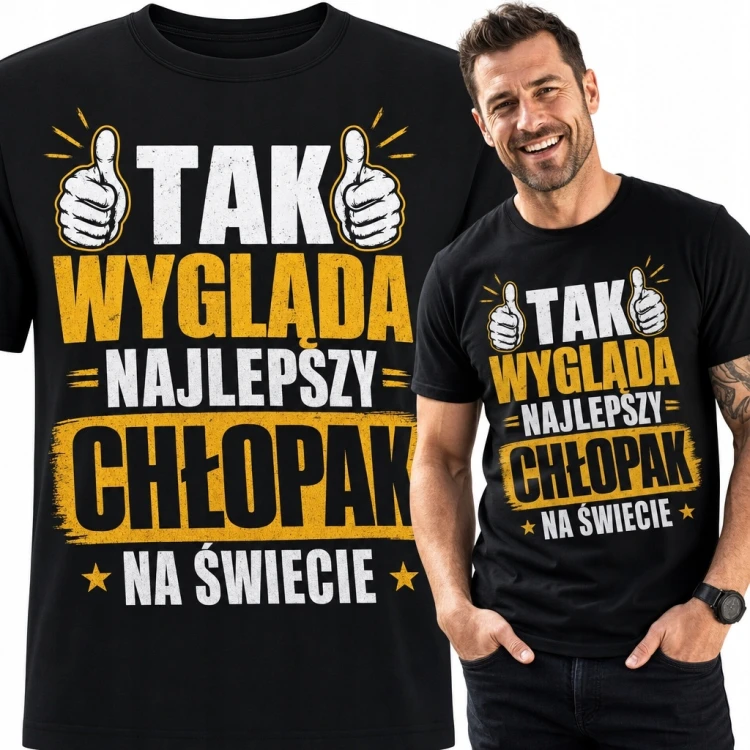 Koszulka męska z napisem „Tak wygląda najlepszy chłopak na świecie” - kciuki w górę
