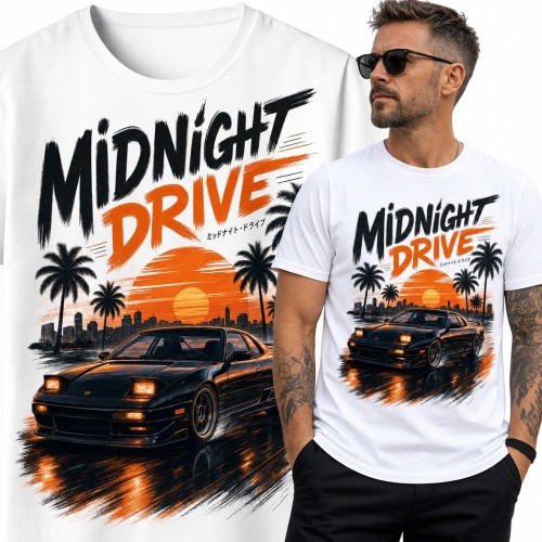 Koszulka męska „Midnight Drive” - japońskie auto sportowe JDM o zachodzie słońca