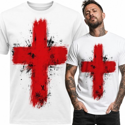 Koszulka męska czerwony krzyż grunge - symbole anarchii i czaszka w stylu punk