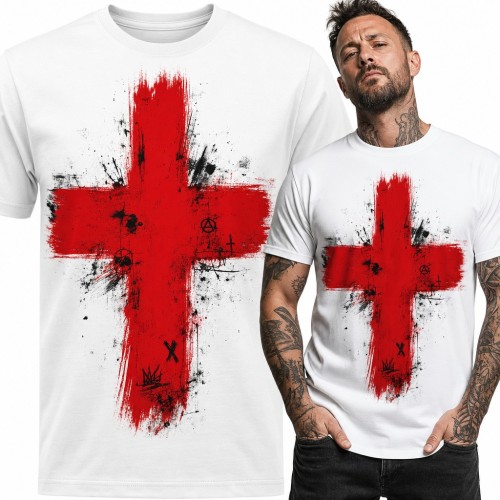Koszulka męska czerwony krzyż grunge - symbole anarchii i czaszka w stylu punk