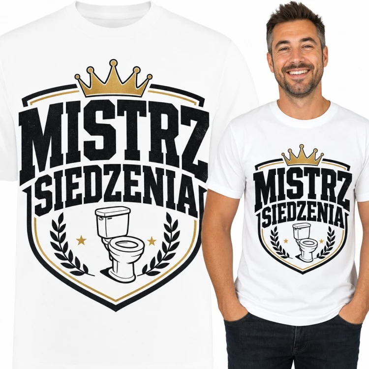 Koszulka męska „Mistrz siedzenia” - herb z sedesem i koroną