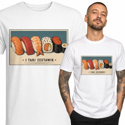 Koszulka męska z sushi „I taki zestawik” - nigiri, maki i kawior w stylu retro