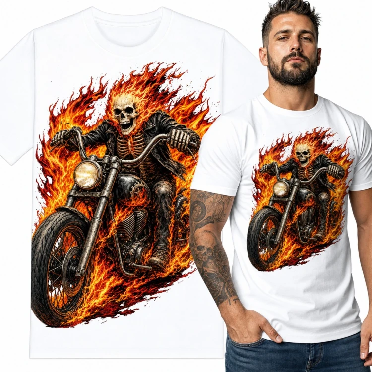 Koszulka męska płonący szkielet na chopperze - dla motocyklisty